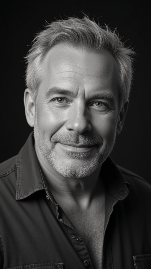 A realistic black and white portrait of a smiling middle-aged man with short graying hair and facial stubble, wearing an unbuttoned dark collared shirt against a plain background.