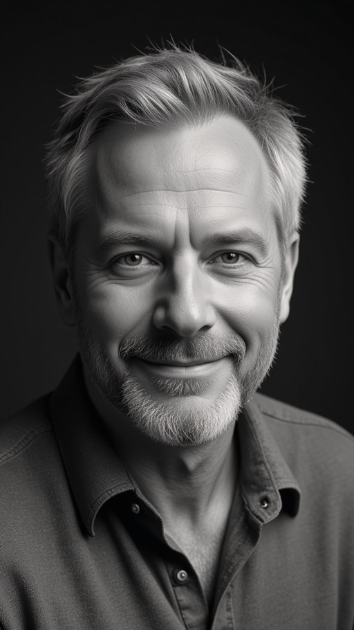 Black and white portrait of a smiling mature man with short grey hair and a beard, wearing a collared shirt.