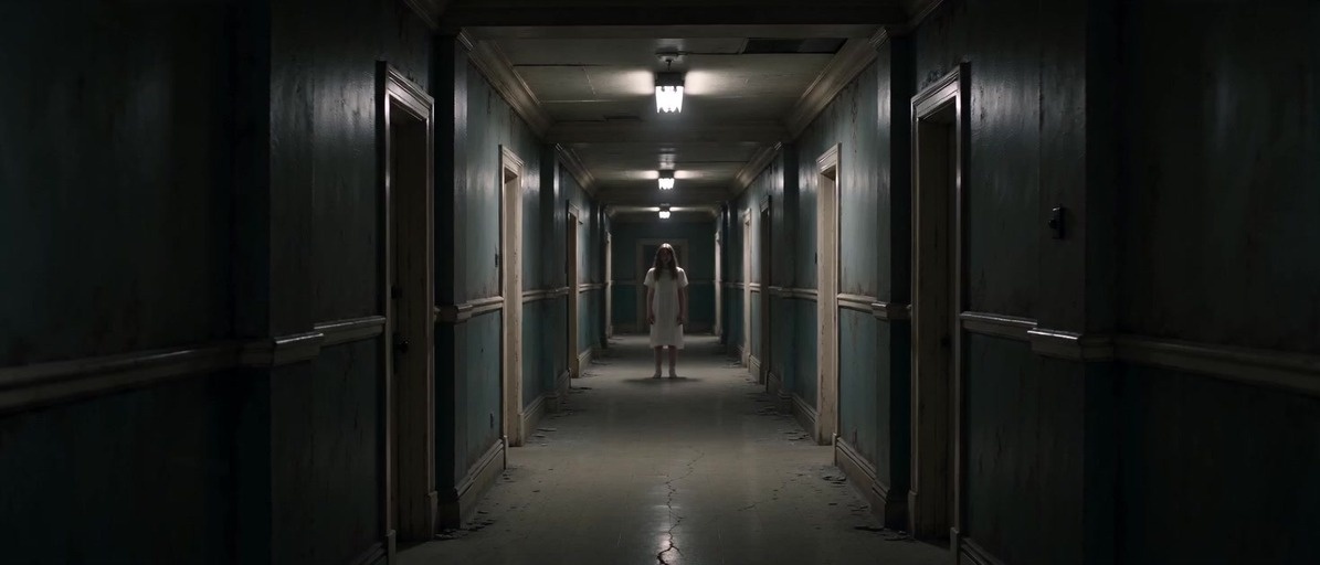 A close-up of a crying young woman with long brown hair standing in a dimly lit indoor hallway, looking directly at the camera under a ceiling light.