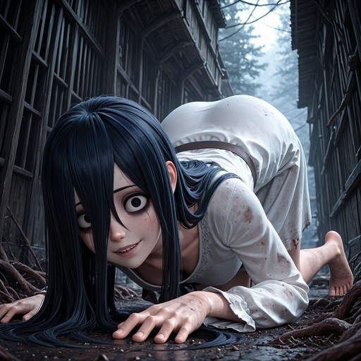 Yamamura Sadako crawling on all fours in a dirty white dress within a foggy wooden alleyway.