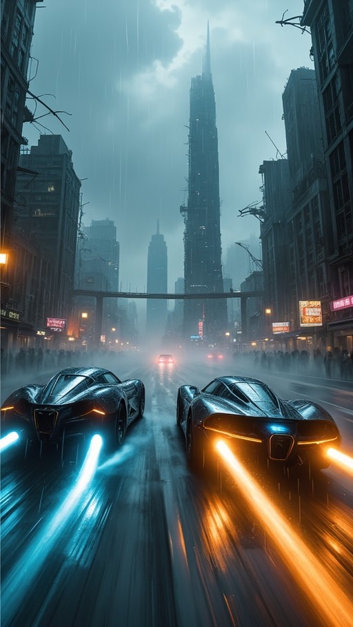 Two black futuristic sports cars with glowing blue and orange lights speed down a wet city street lined with tall buildings in the rain.