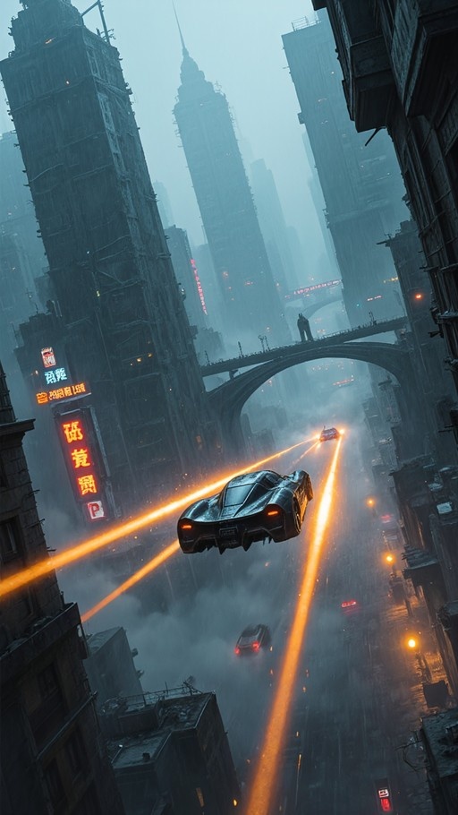 A futuristic black car flies through a rainy cyberpunk city, leaving orange light trails past tall buildings and a bridge.