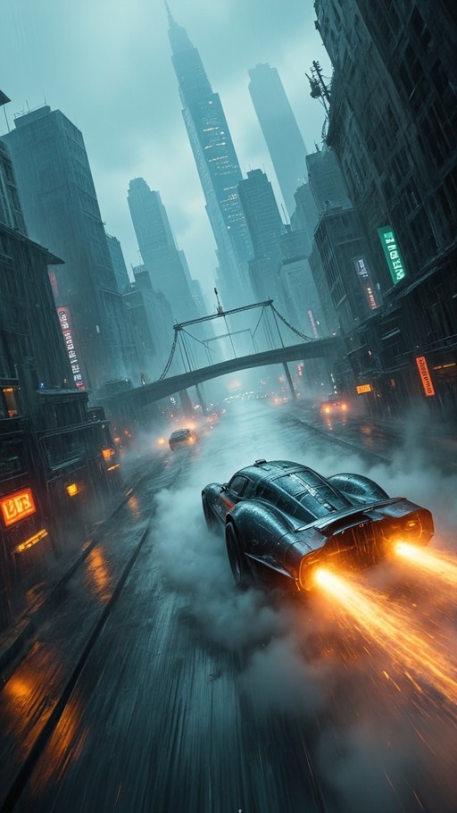 A futuristic black car speeding through a rainy city street with tall buildings and a bridge overhead