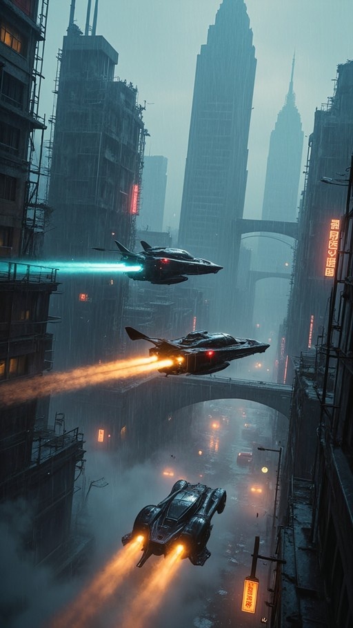 Three sleek black hovercars with glowing engine trails fly through a rainy, towering cyberpunk city street lined with skyscrapers and neon signs.