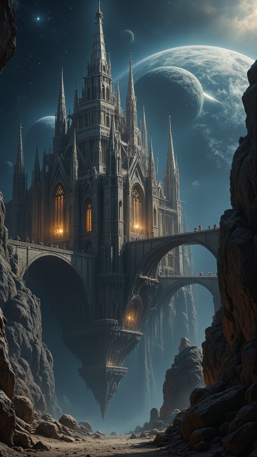 A towering gothic castle floats above a rocky canyon, connected by stone bridges to cliffs, set against a deep blue sky with large planets and stars.