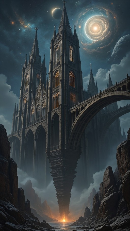 A massive gothic cathedral floats above a rocky canyon, connected by an arched bridge under a night sky filled with a spiral galaxy and crescent moon.