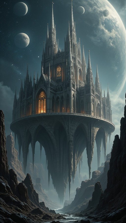 A massive floating gothic castle hovers over a rocky canyon under a starry night sky filled with multiple moons and a large planet.