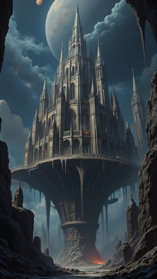 A massive gothic castle floats in the sky above rocky terrain, framed by cliffs, with a large planet and stars in the night background.