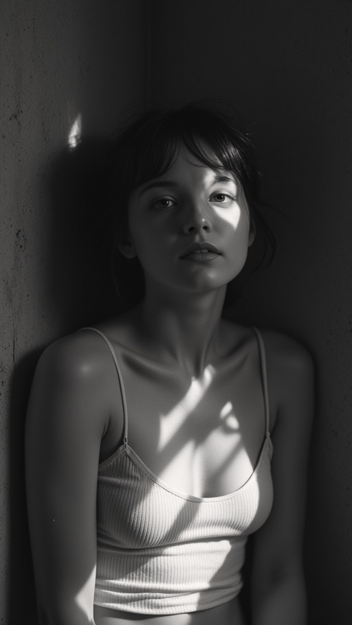 Monochrome portrait of a young woman with short hair wearing a ribbed camisole, illuminated by dappled sunlight casting shadows across her face.