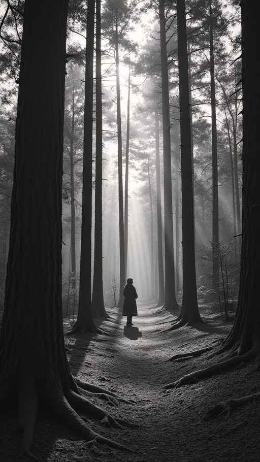 A solitary person stands on a winding dirt path in a dense forest, silhouetted against bright sunlight streaming through the tall trees and mist.