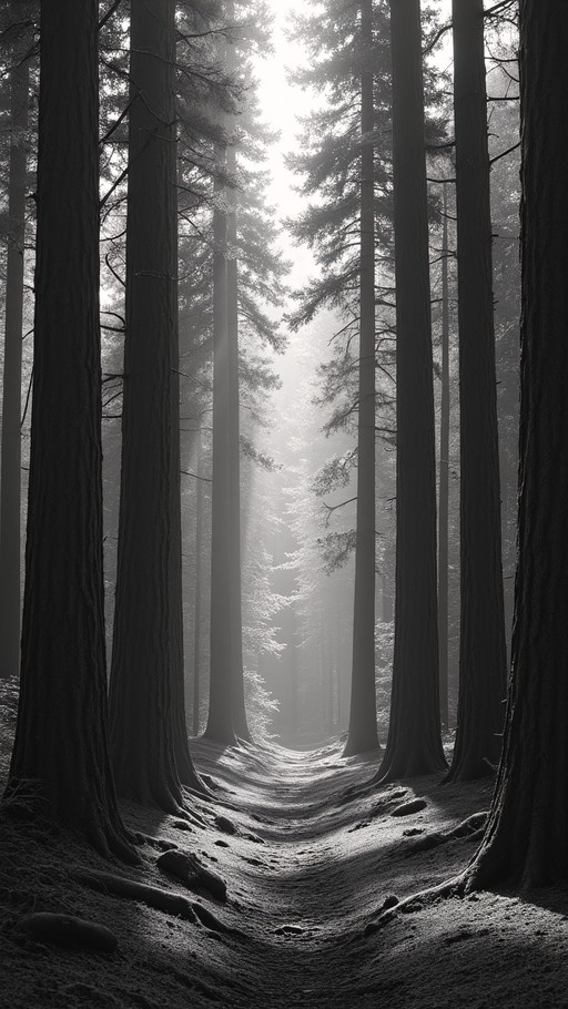 A black and white photograph of a winding path through a dense forest with tall trees and bright sunlight streaming down from the canopy.
