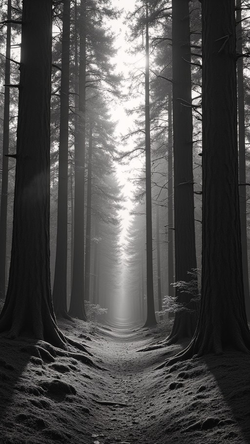 A winding dirt path leads through a dense forest of tall trees in this black and white image, with bright sunlight filtering through the canopy to illuminate the mist.
