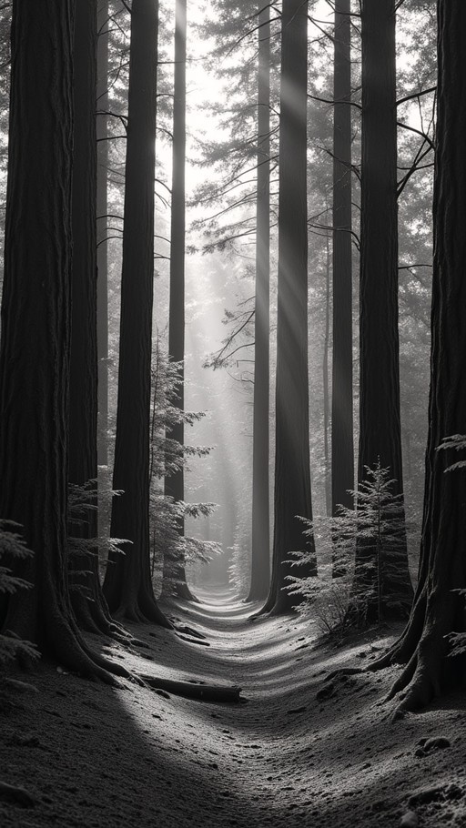 A black and white photograph of a forest path winding between tall trees with sunlight streaming through the canopy.