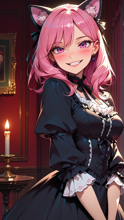 Smiling anime girl with pink hair and cat ears wearing a black gothic lolita dress in a candlelit room.