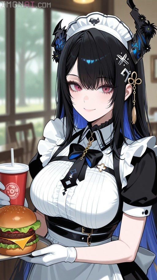 Nerissa Ravencroft in a maid uniform holding a tray with a burger and drink