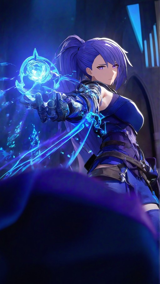 A cel-shaded illustration of a purple-haired female alchemist with a ponytail and gauntlets casting glowing blue magic to create 3D structures.