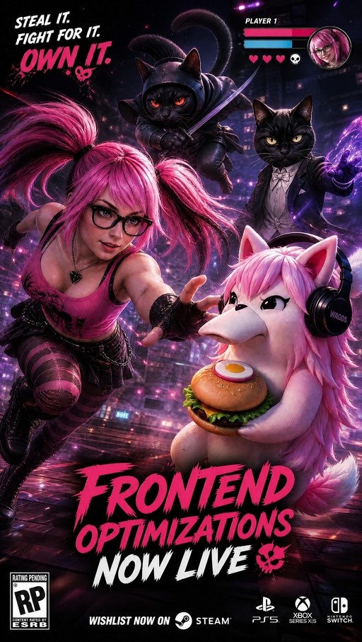 A stylized video game cover featuring a pink-haired anime girl, an anthropomorphic cat holding a burger, and a ninja cat with a sword, displaying the text "Frontend Optimizations Now Live".