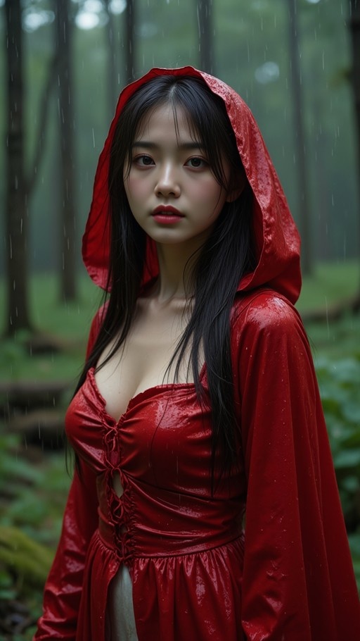 A young Asian woman with long black hair wearing a shiny red hooded cloak and dress stands in a rainy forest looking at the viewer.