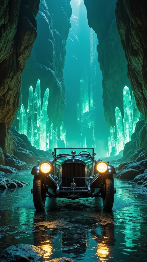 A black vintage convertible drives through water in a cavern filled with large glowing green crystals.