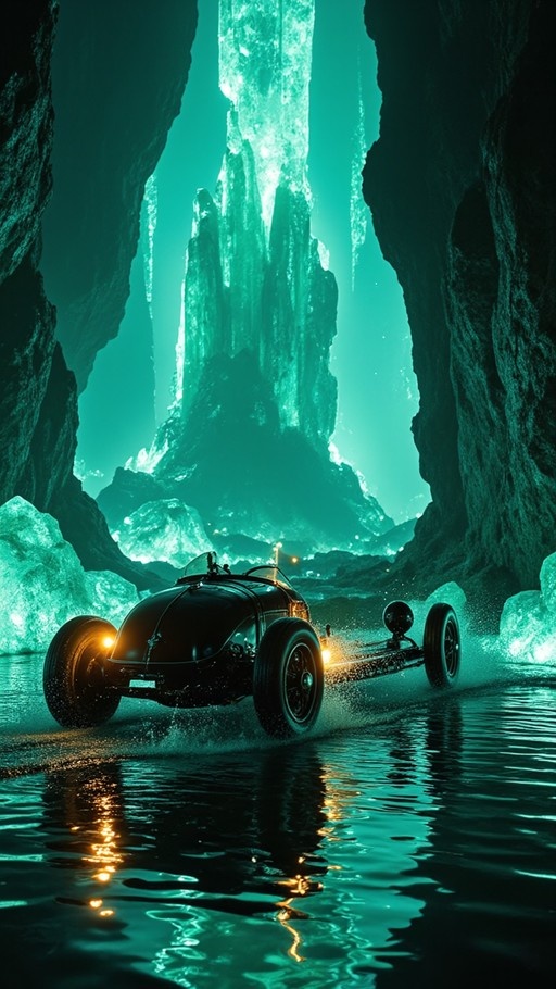 A vintage black race car drives through water in a dark cave illuminated by a large glowing teal crystal formation.