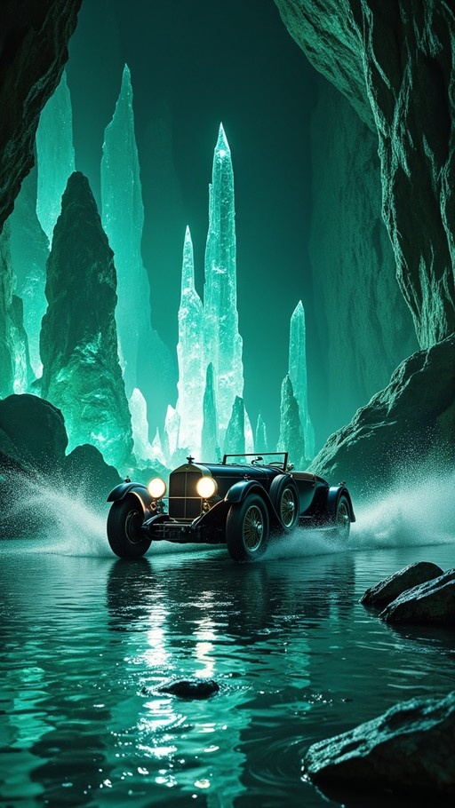 A classic black convertible car splashes through water inside a cavern filled with tall, glowing teal crystal spires.