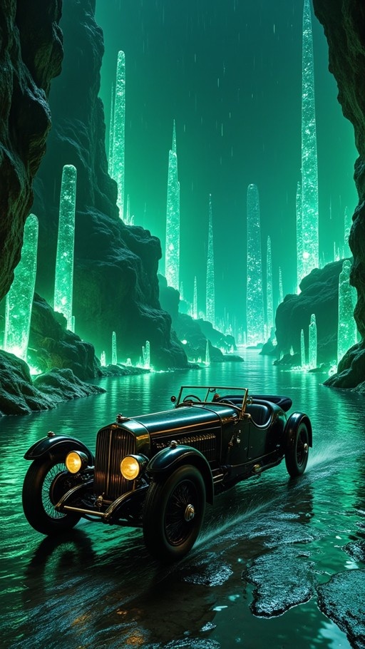 A vintage black convertible drives through water in a cave filled with tall, glowing green crystal formations.