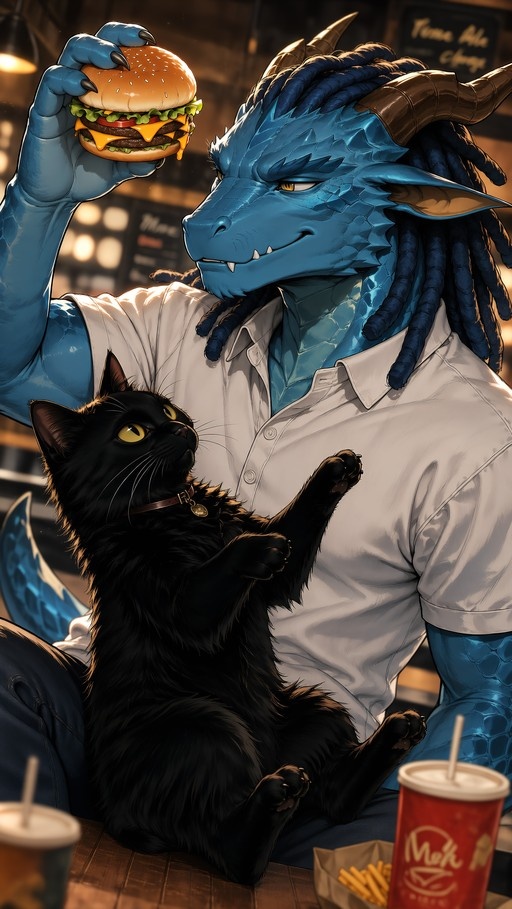 A blue-scaled dragon man in a white shirt holds a large burger high above his head while a black cat with yellow eyes sits on his lap and reaches up for the food.