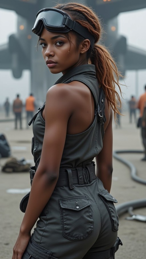 Dark-skinned woman with goggles on head wearing grey mechanic coveralls looking back