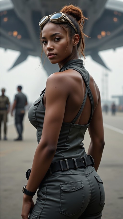 A realistic image of a dark-skinned woman with brown hair in a bun and aviator goggles on her head, wearing a tight grey jumpsuit and looking back over her shoulder against an airfield background.