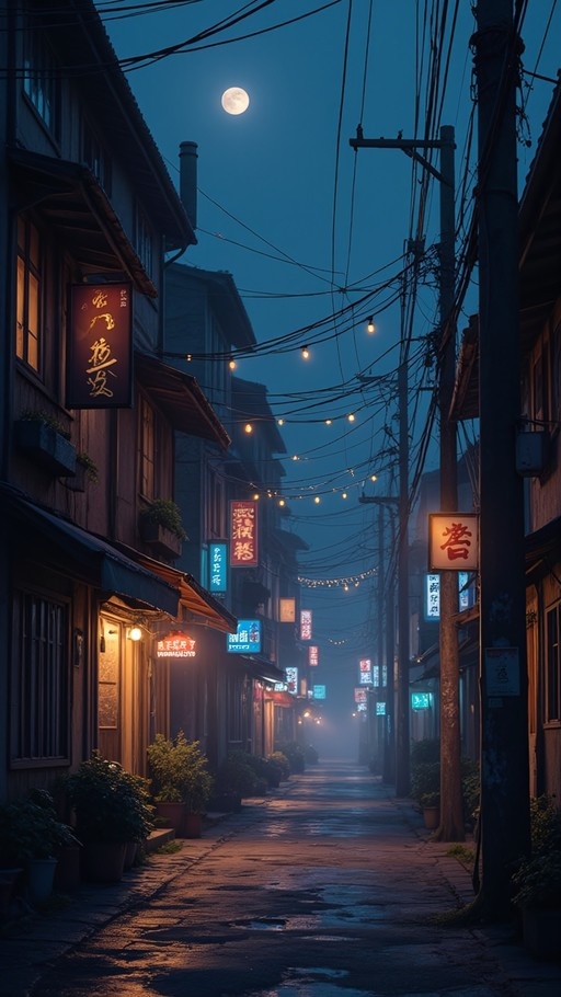 A narrow street at night with a full moon overhead and glowing shop signs lining the wet pavement.