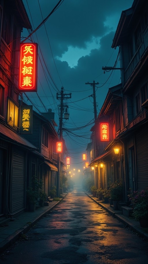 A narrow wet street at night lined with wooden buildings and glowing red vertical signs under a cloudy blue sky.