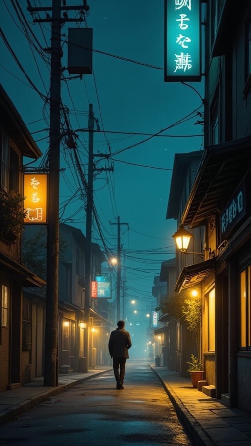A lone man walks away down a foggy street at night, illuminated by warm neon signs and streetlights.