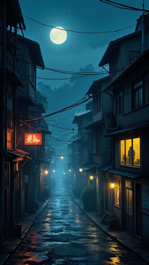 A narrow, wet street in a traditional Japanese village at night, illuminated by a large full moon and warm streetlights, with power lines crisscrossing the sky.