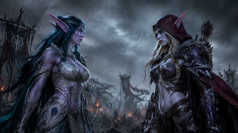 Two female elves in fantasy armor facing each other in the rain, one wearing a red cloak and carrying arrows.
