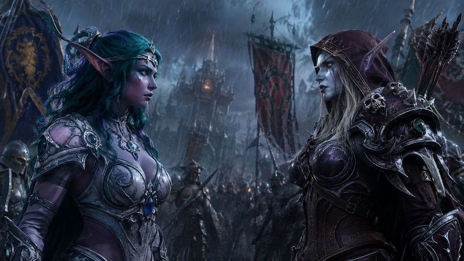 Two female elves in detailed armor face each other in the rain, with Alliance and Horde banners visible behind them.