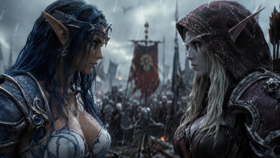 Two armored female elves face each other in the rain with a battlefield army behind them.