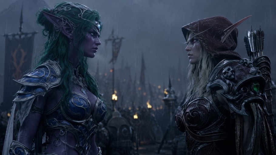 Two female elves in detailed armor face each other in the rain; one has purple skin and green hair with blue armor, while the other wears a dark hood and carries arrows.