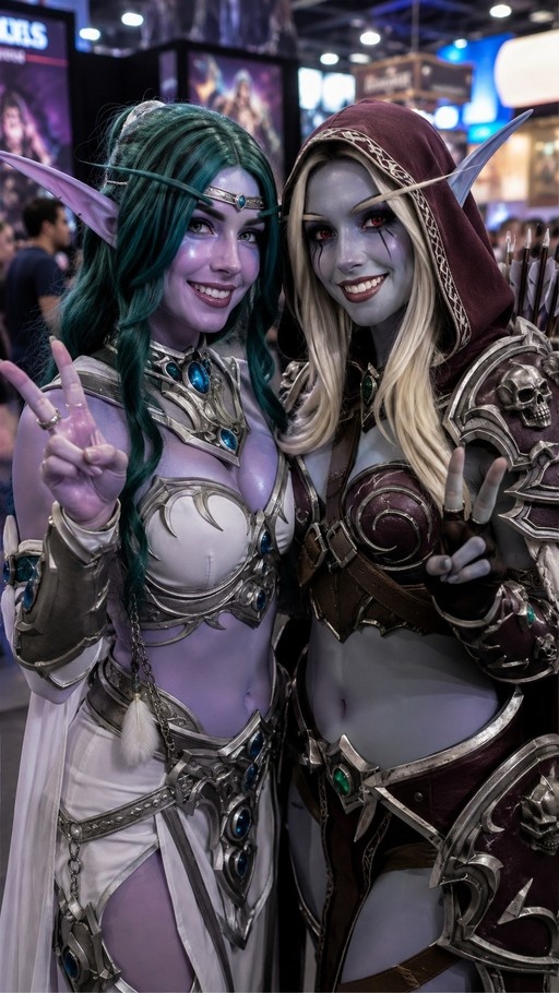 Two elf cosplayers in fantasy armor pose together at a convention, one with green hair and purple skin and the other resembling Sylvanas Windrunner.