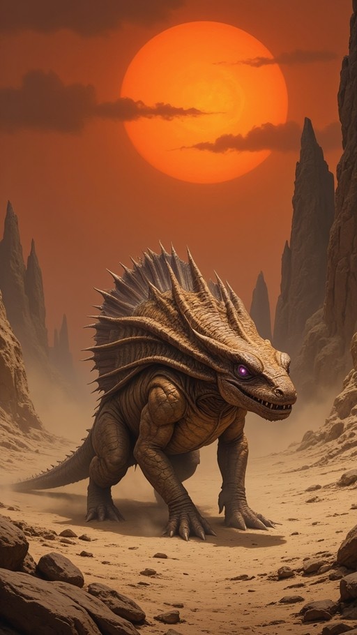 A full-body view of a large, scaly monster with sharp teeth and a spiky back standing in a sandy desert landscape under a huge orange sun.