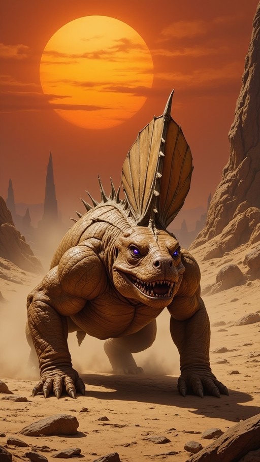 A muscular reptilian monster with glowing purple eyes and a large sail on its back stands in a desert landscape under an orange sky.