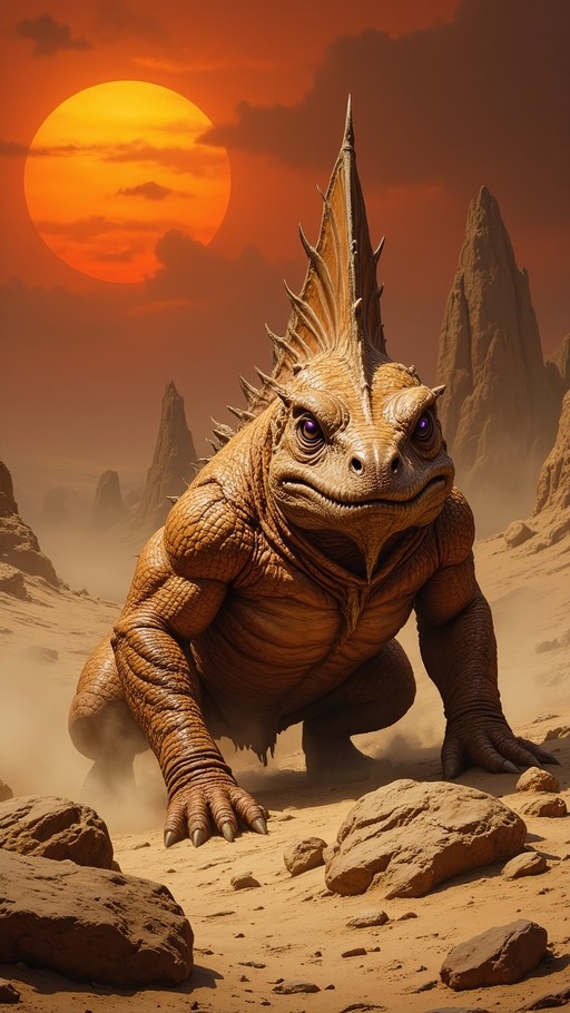 A large orange reptilian monster with a tall fin stands in a desert landscape under a bright sun.