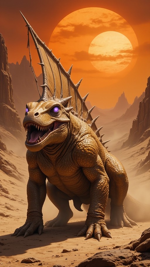A large reptilian monster with glowing purple eyes and a spiky sail stands in a desert canyon under an orange sky with two moons.