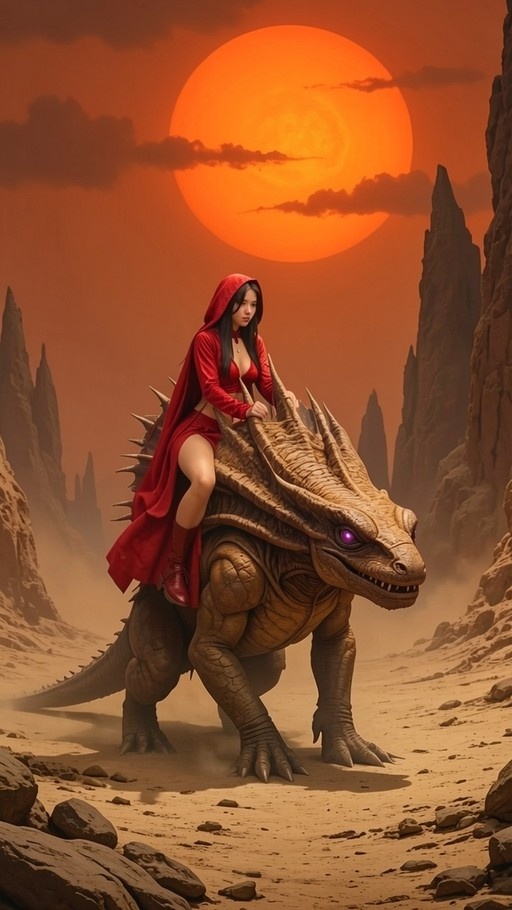 A woman in a red hooded cloak rides a large scaled dragon with purple eyes through a desert canyon under a giant orange sun.