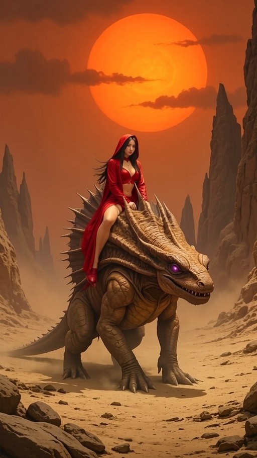 A woman in a red hooded cloak riding a large, spiky dragon-like creature in a desert with a giant orange sun.
