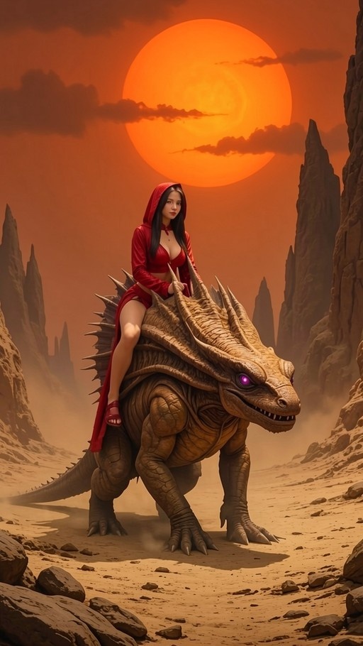 A woman in a red hooded outfit rides a large brown reptilian creature with purple eyes across a sandy desert floor under a huge orange sun.