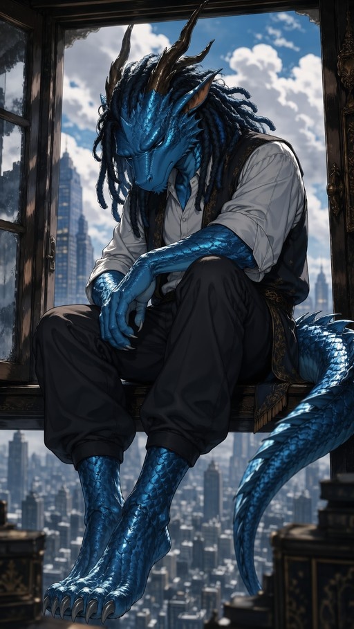 A full-body illustration of a blue-scaled dragon man with horns and dreadlocks sitting on a wooden window sill, overlooking a city skyline under a cloudy sky.