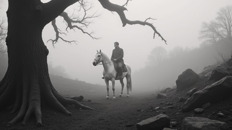 A man rides a white horse on a path in a foggy forest, framed by large tree roots.
