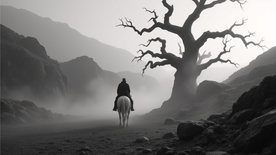A person in dark clothing rides a white horse away from the viewer through a foggy valley with mountains and a large leafless tree.
