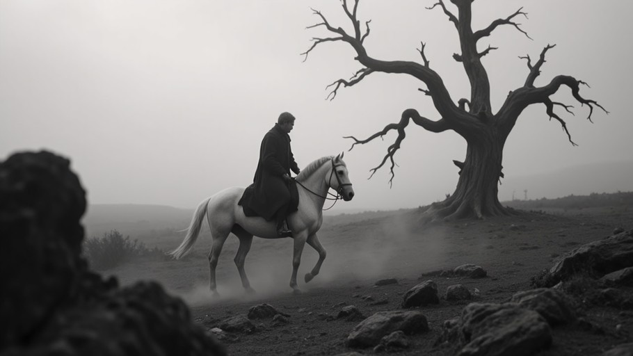 A man in a dark coat rides a white horse through a foggy field with rocks and a large bare tree in the background.