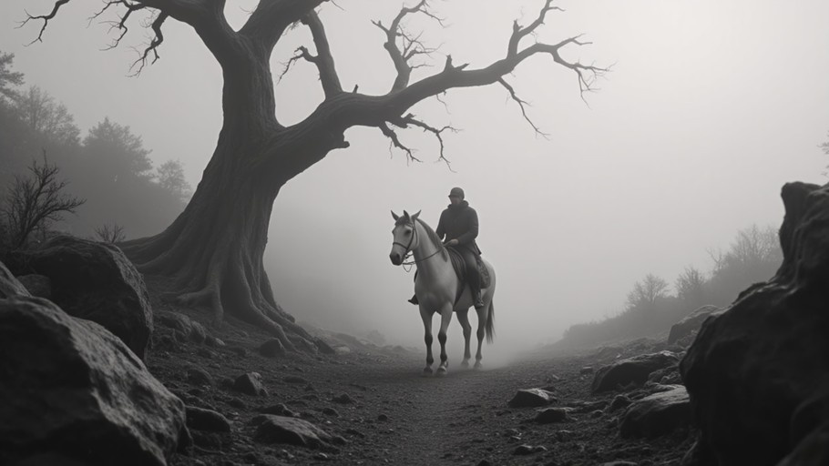 A person rides a white horse along a rocky trail in the fog, passing a large gnarled tree with bare branches in this black and white image.